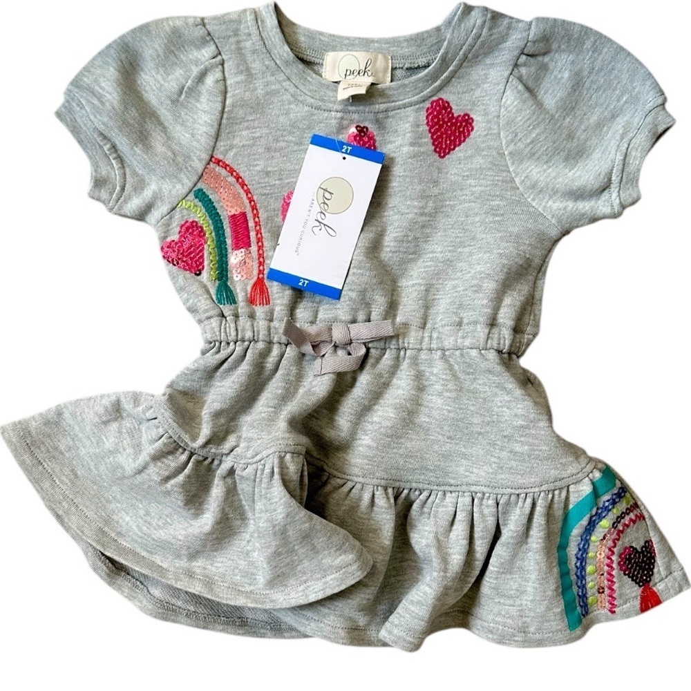 New Peek Toddler Girls Short Sleeve Sequin Dress Rainbow And Hearts size 2T